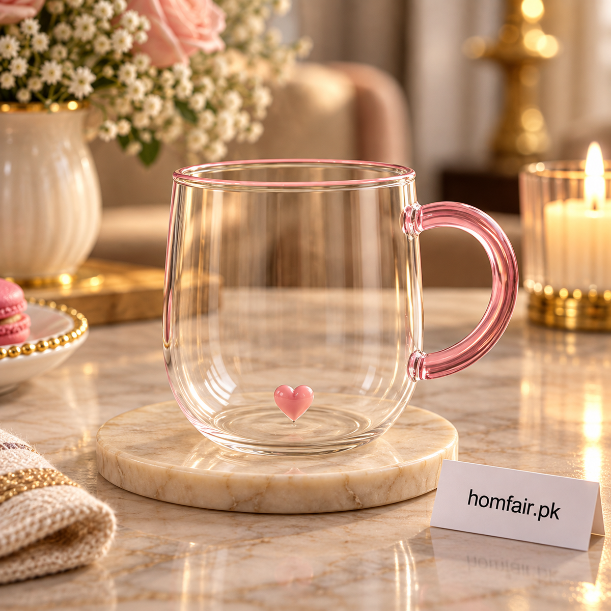 Blush Heart Double-Wall Glass Mug with Pink Handle