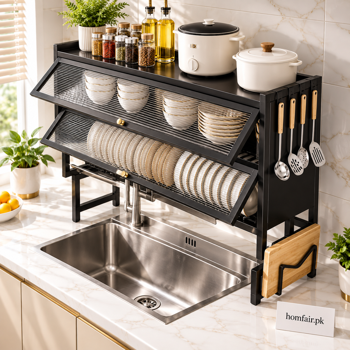 Double-Cabin Dish Drying and Organizer Rack for Plates, Bowls and Kitchenware