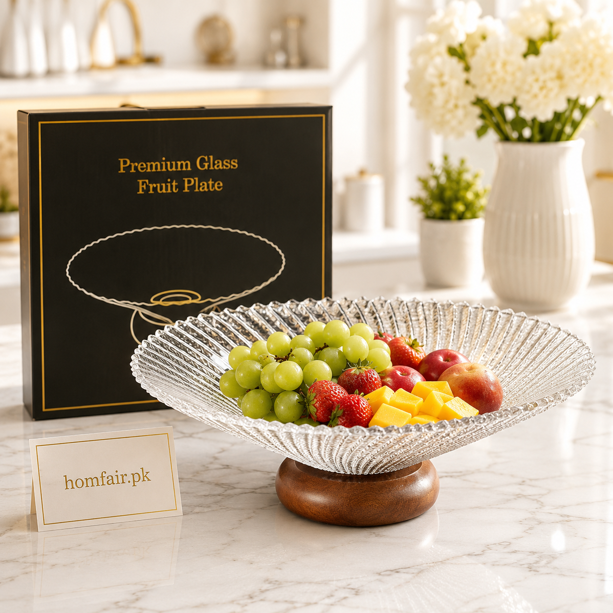Premium Crystal Glass Fruit Bowl with Wooden Base