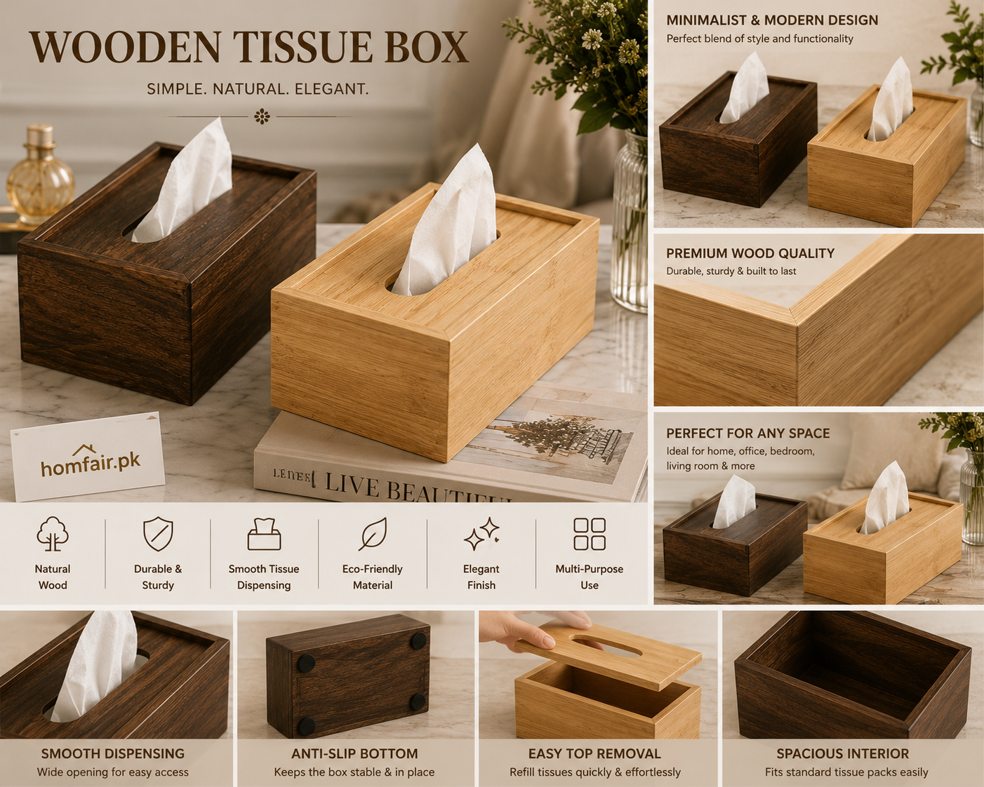 Premium Wooden Tissue Box Holder – Modern Bamboo & Walnut Decorative Tissue Box Cover