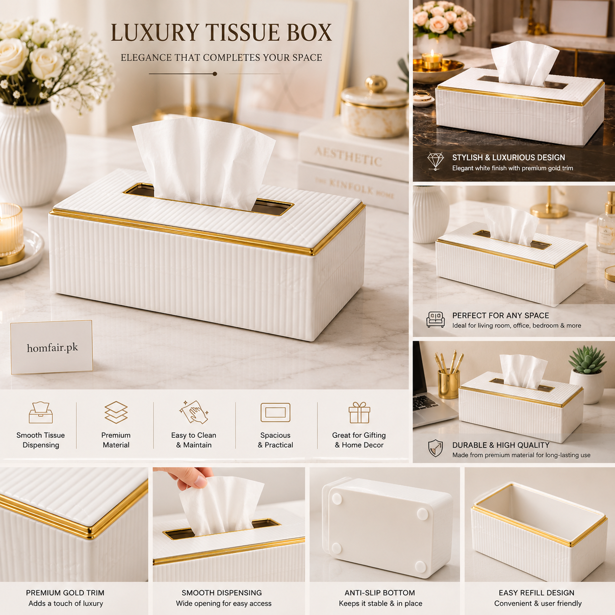 Luxury White Tissue Box Holder with Gold Trim – Premium Decorative Tissue Case for Home & Office