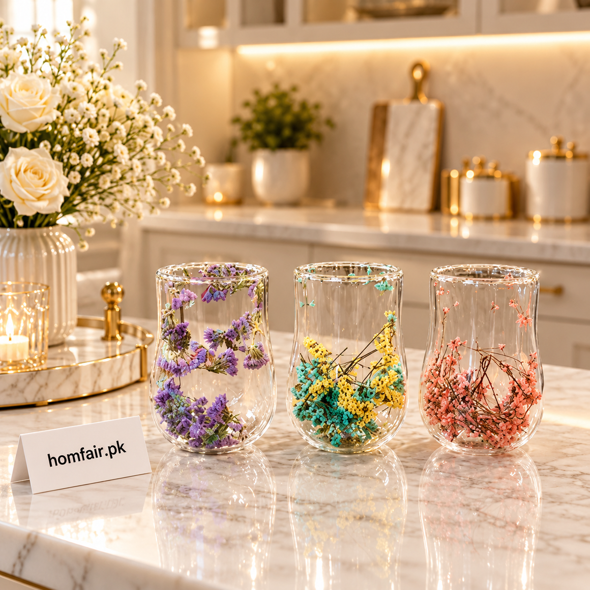 Aesthetic Double-Wall Glass with Real Dried Flowers (Random Colour)