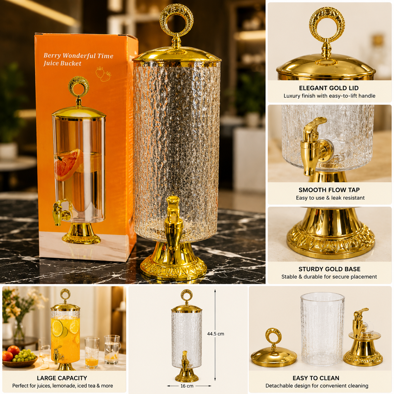 Luxury Crystal Beverage Juice Dispenser with Gold Stand & Tap