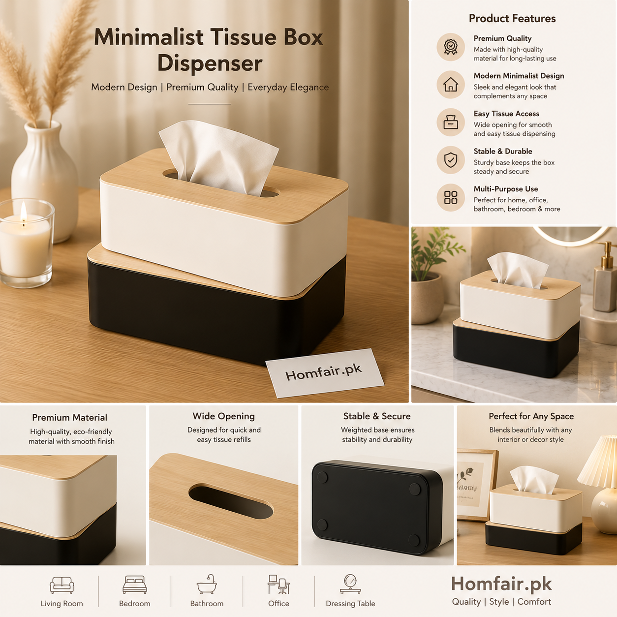 Minimalist Tissue Box Holder with Bamboo Lid