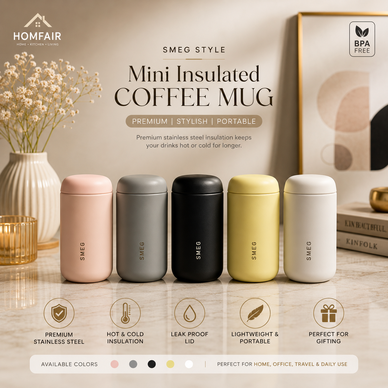 SMEG Style Mini Insulated Coffee Mug – Premium Stainless Steel Travel Cup