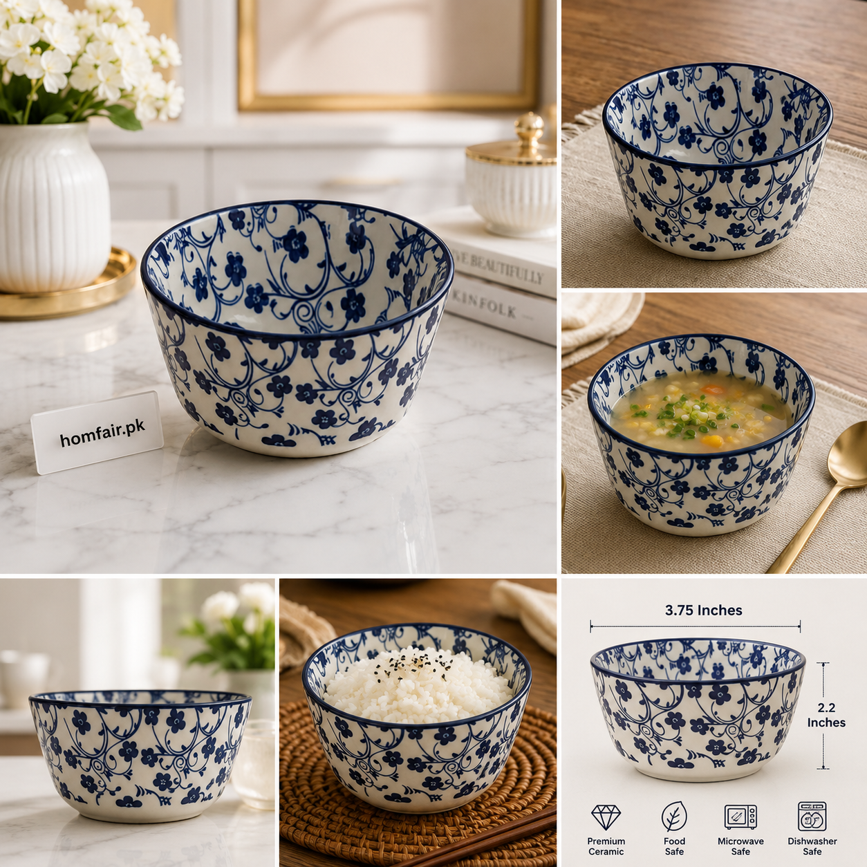 Danny Home Blue Floral 3.75" Ceramic Bowl Premium Serving Bowl