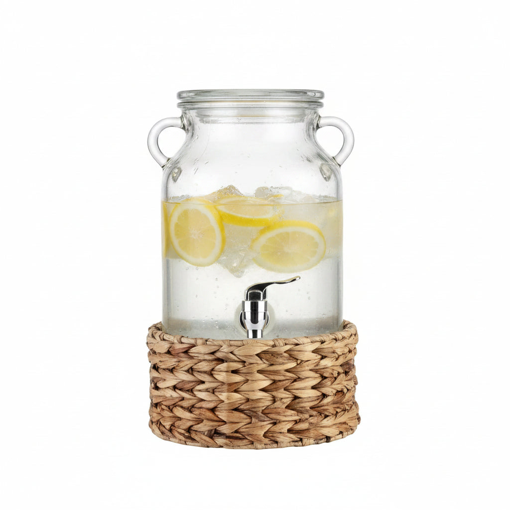 Danny Home Premium 2-Piece Glass Drink Dispenser Set with Woven Base, 3100ml Capacity for Parties & Home Entertaining