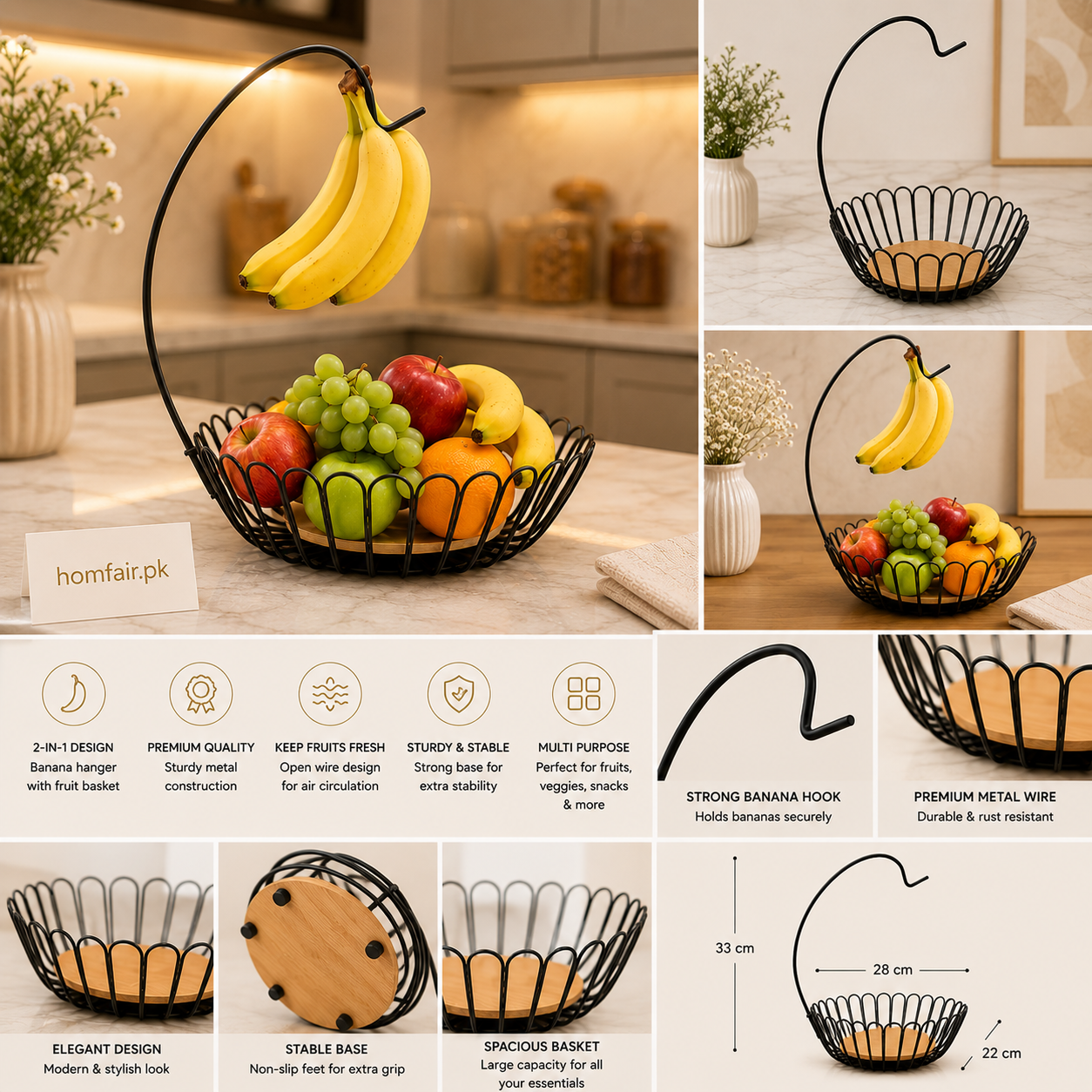 Premium Hanger Fruit Basket – 2-in-1 Countertop Fruit Storage Stand