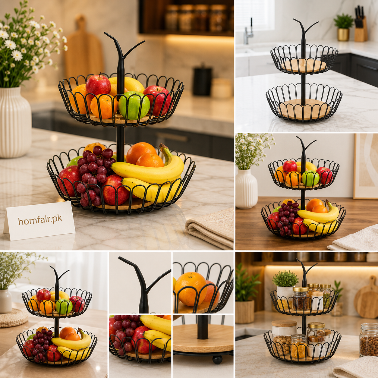 Premium 2-Tier Metal Fruit Basket Stand – Modern Kitchen Countertop Organizer
