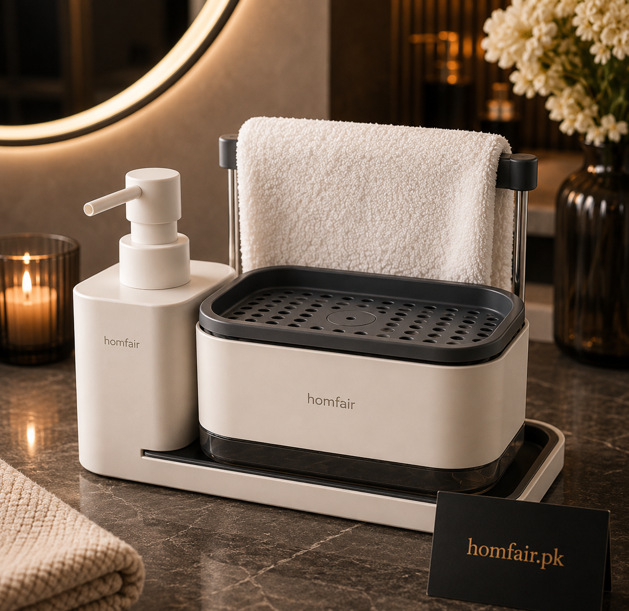 Luxury Sink Organizer Set with Soap Dispenser & Drain Tray | Modern Kitchen & Bathroom Countertop Organizer