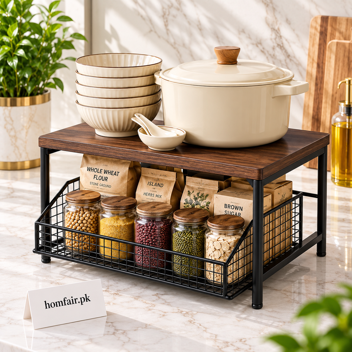 Sliding Kitchen Counter Organizer with Pull-Out Basket for Smart Storage