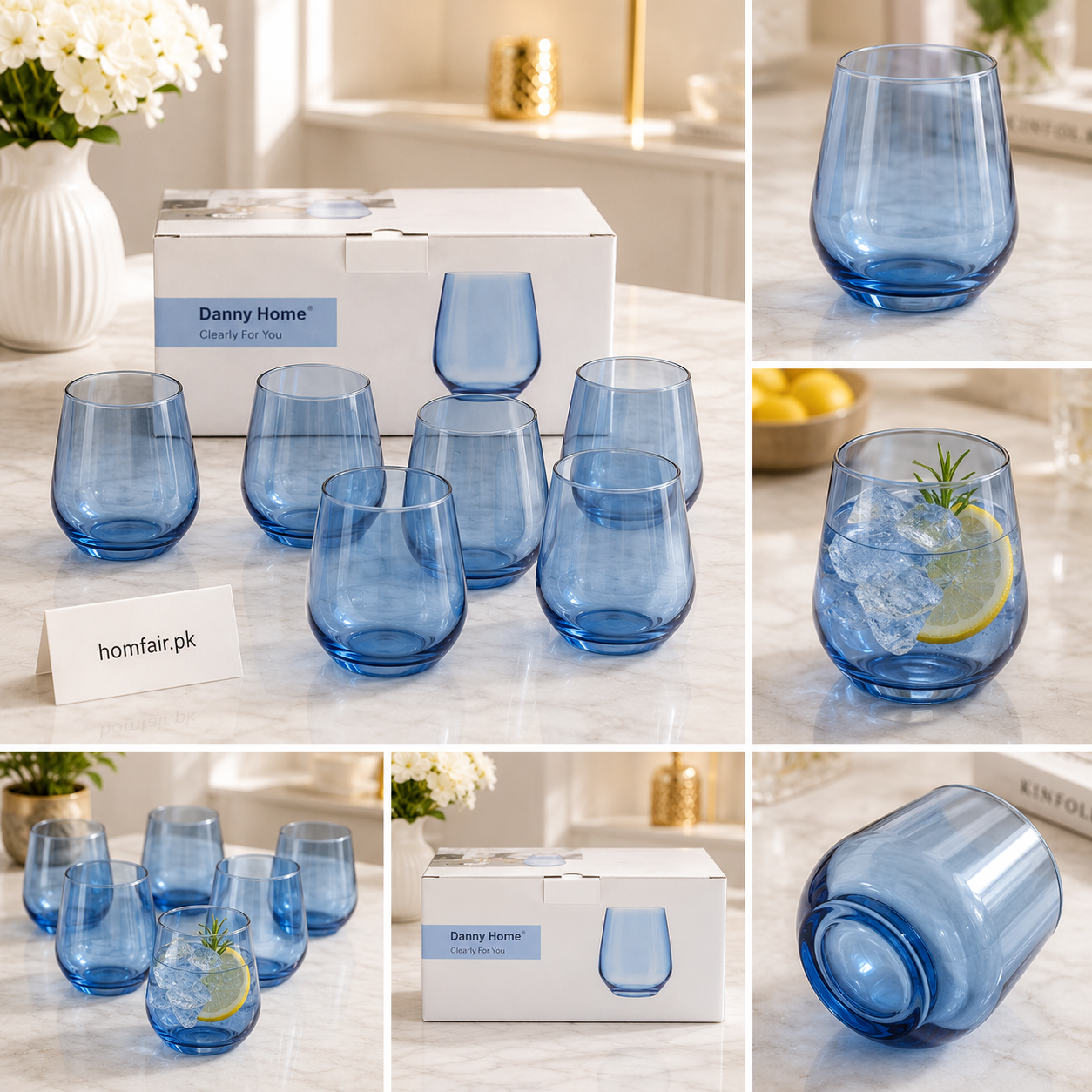 Danny Home Blue Stemless Glass Set 6 Pcs Premium Colored Drinking Glasses