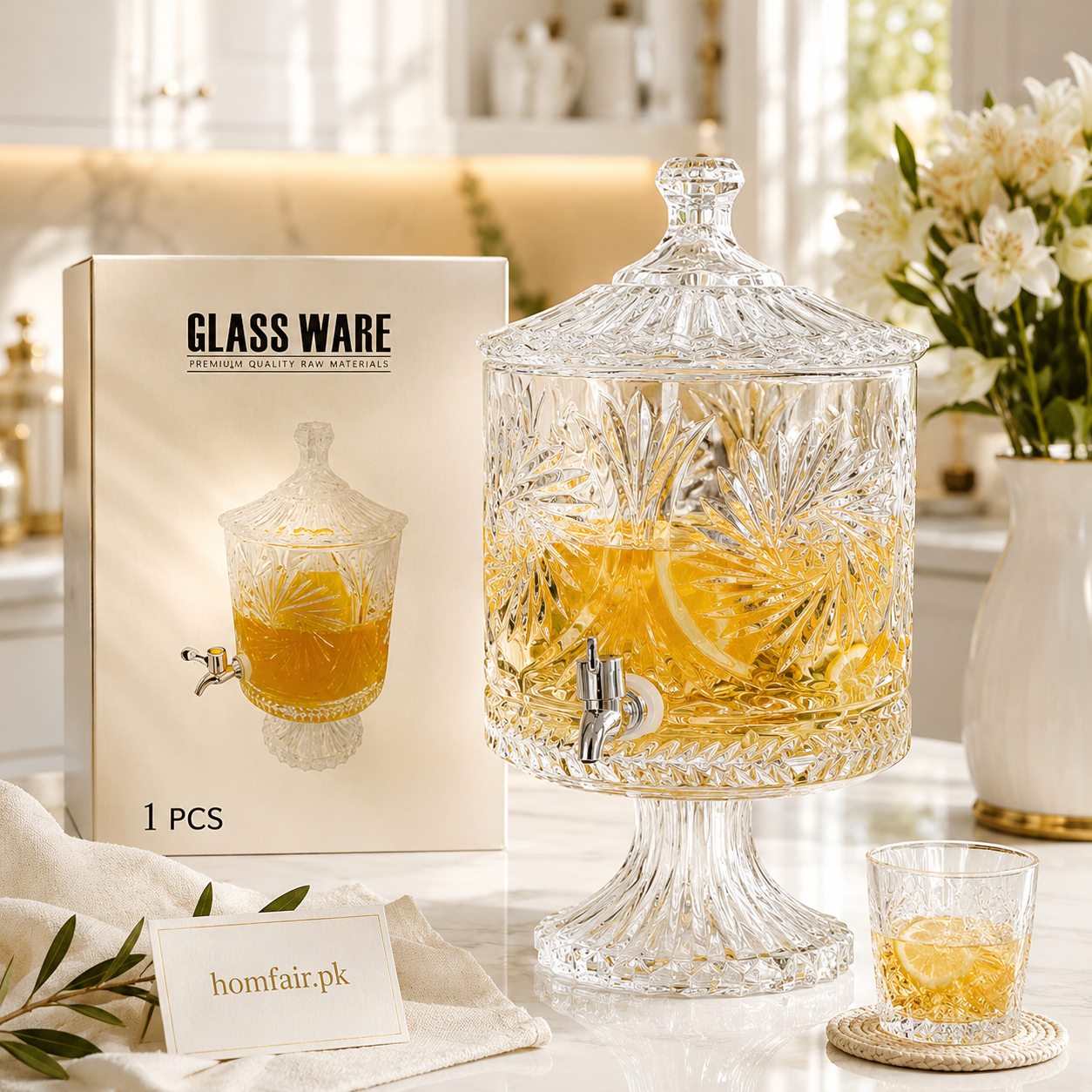 Premium Crystal Glass Beverage Dispenser with Stand & Tap