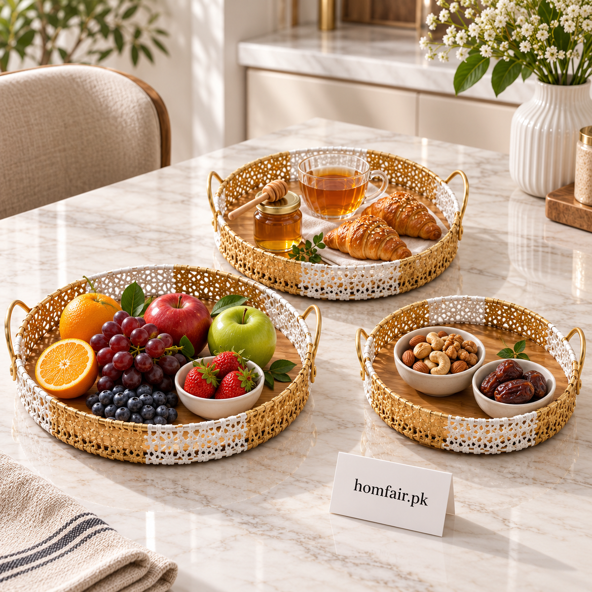 Luxury Woven Serving Tray Collection with Comfortable Handles - 3 Piece Set