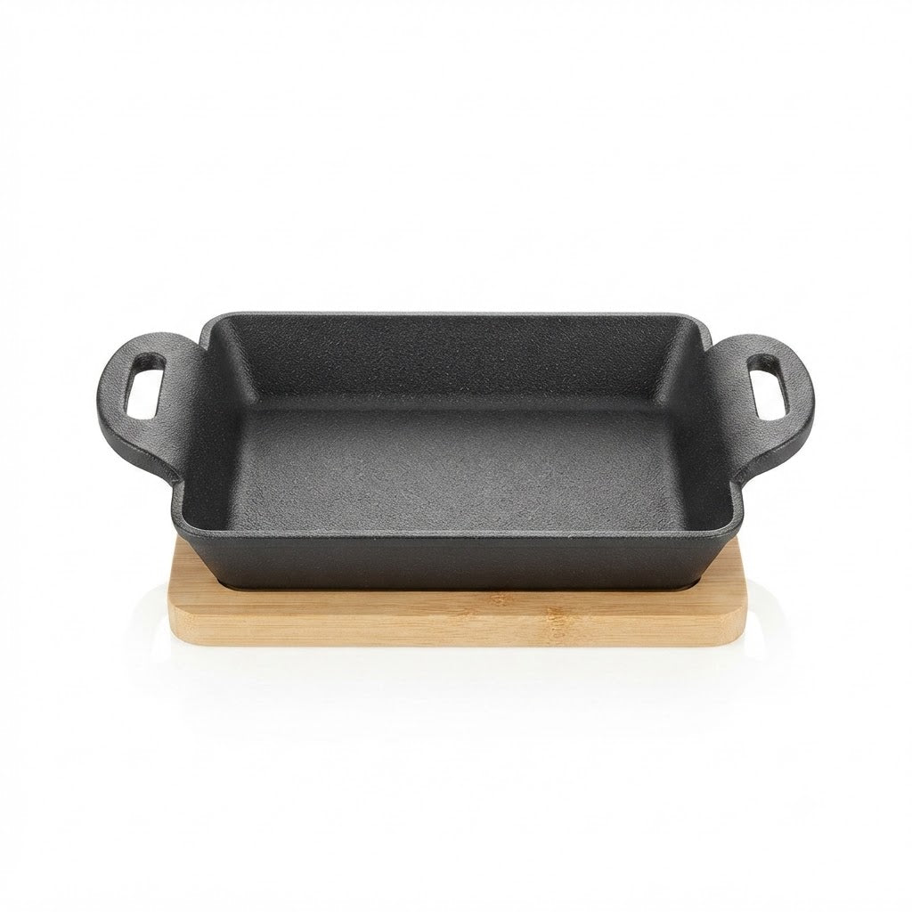 Danny Home Premium 15cm Cast Iron Griddle with Bamboo Base for Searing & Table Serving