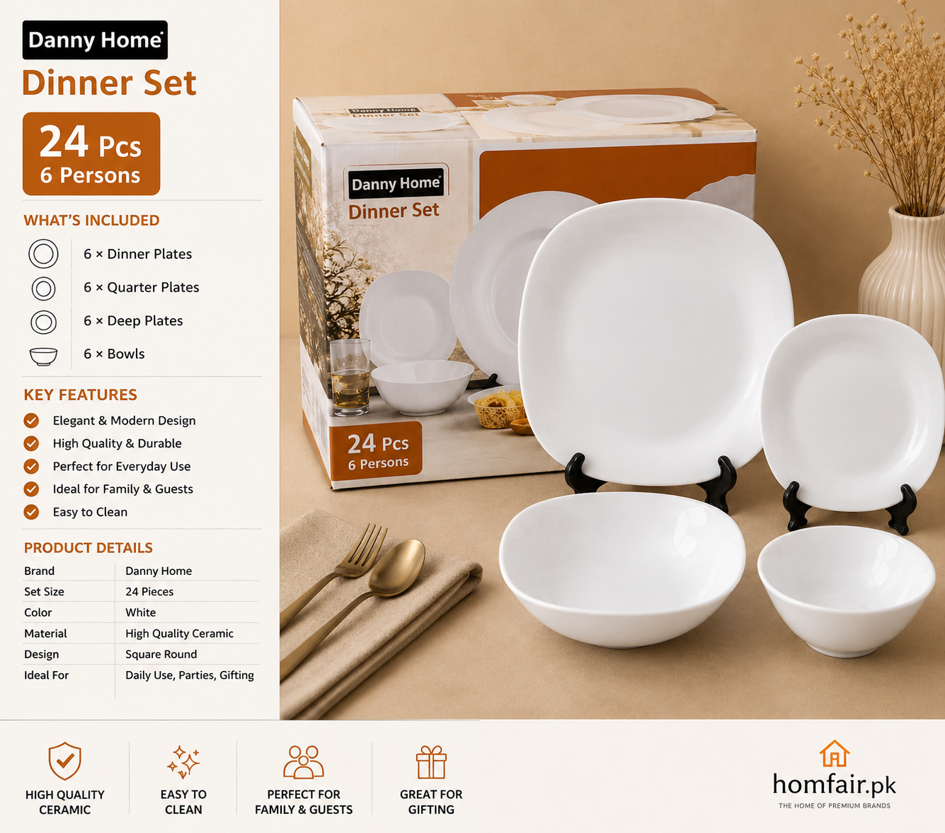 Danny Home 24pcs Modern Square White Dinner Set