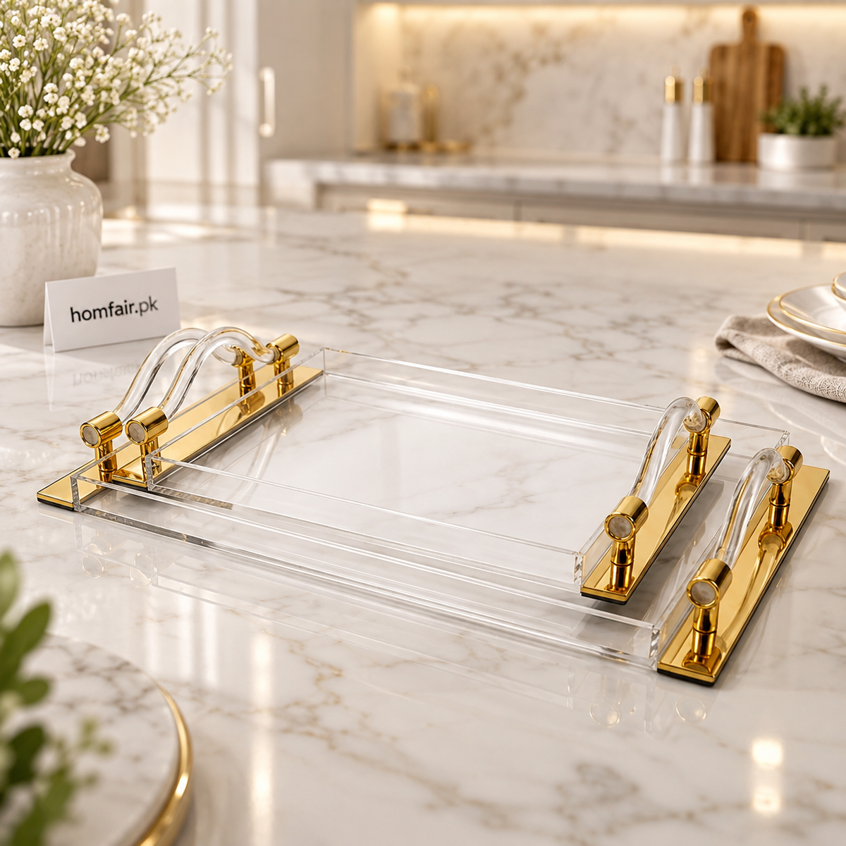 2 Pcs Acrylic Tray Set – Gold Curved Handles