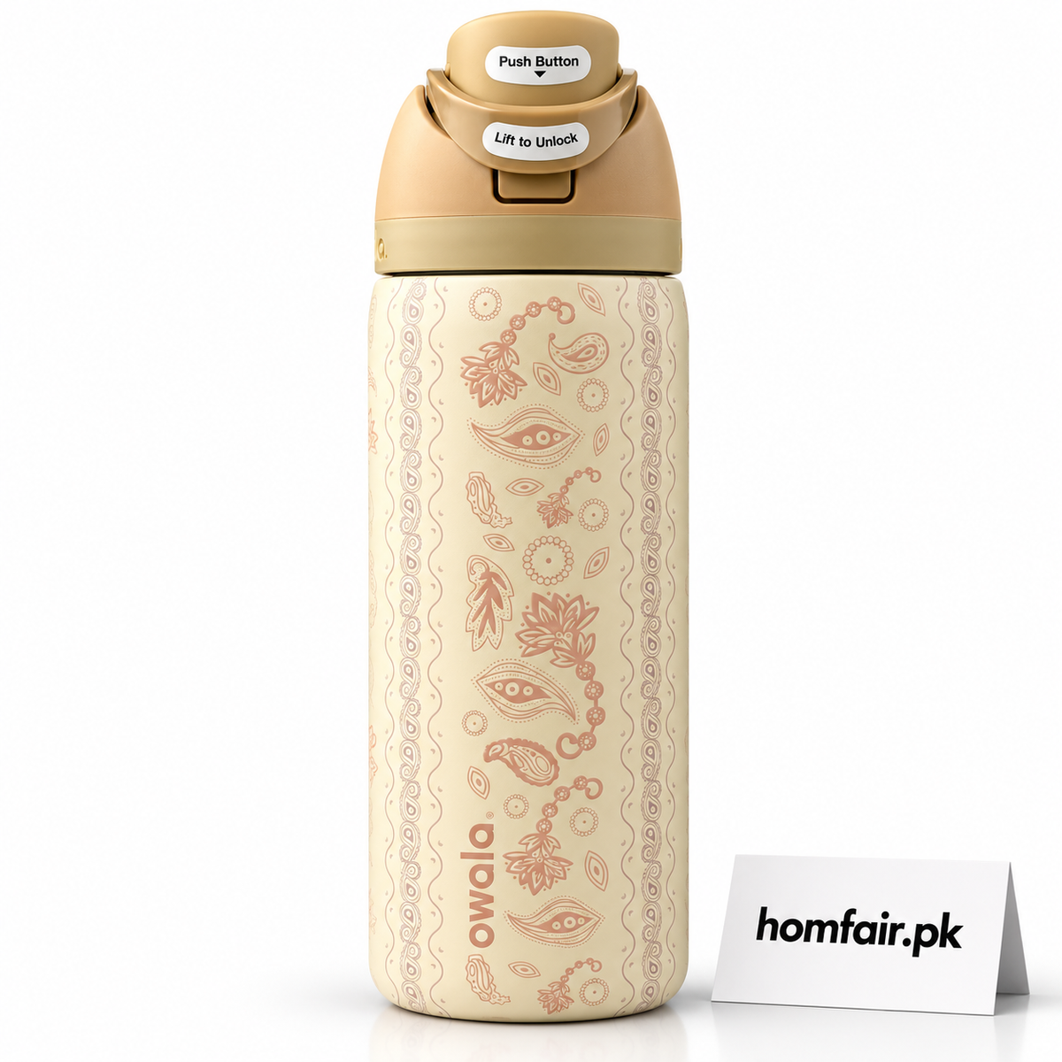 Owala FreeSip 32oz Beige Paisley Insulated Water Bottle with Built-In Straw & Locking Lid