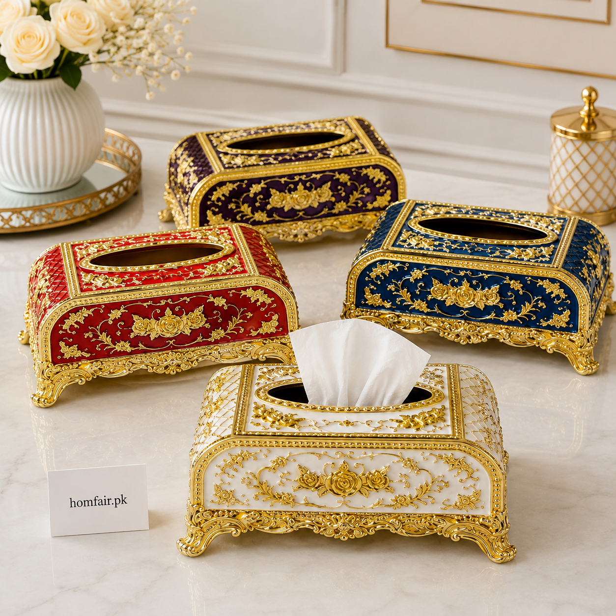 Luxury Decorative Metal Floral Tissue Box Holder with Gold Detailing