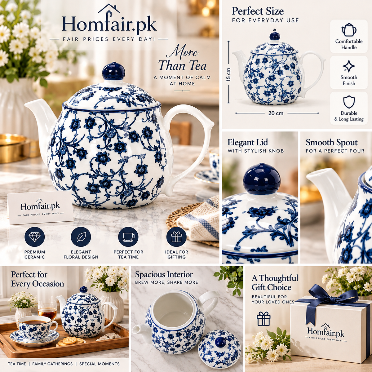 Danny Home Luxury Blue & White Floral Ceramic Teapot – Elegant Tea Serving Pot with Lid & Comfortable Handle