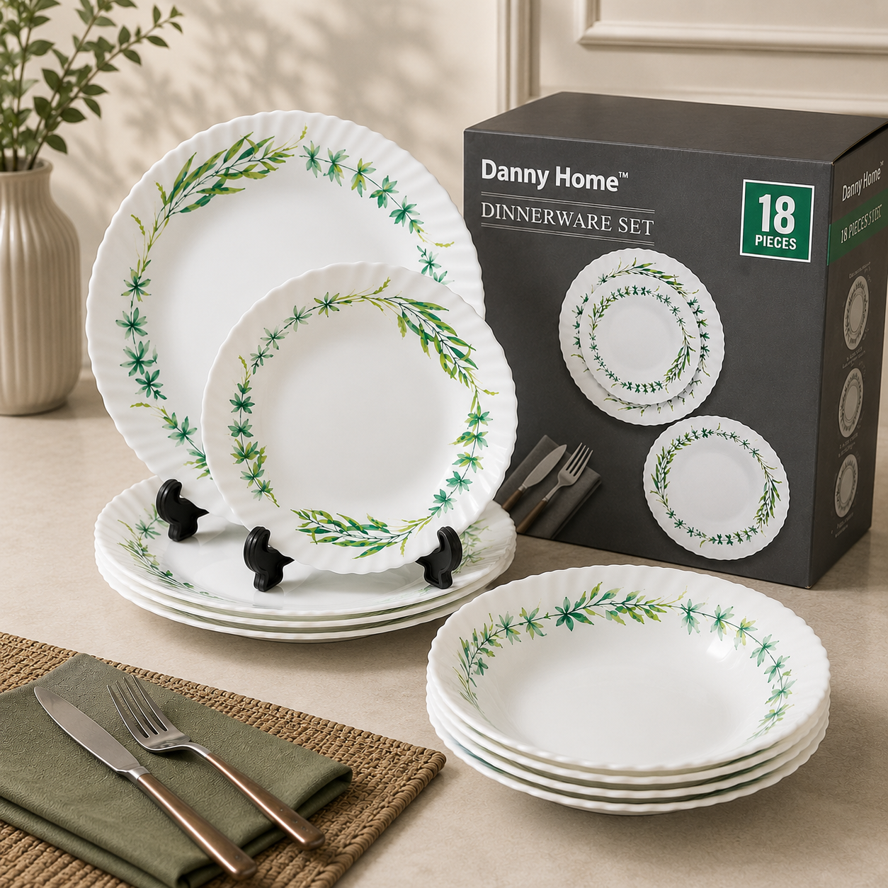 Danny Home Botanical Leaf 18-Piece Ceramic Dinner Set