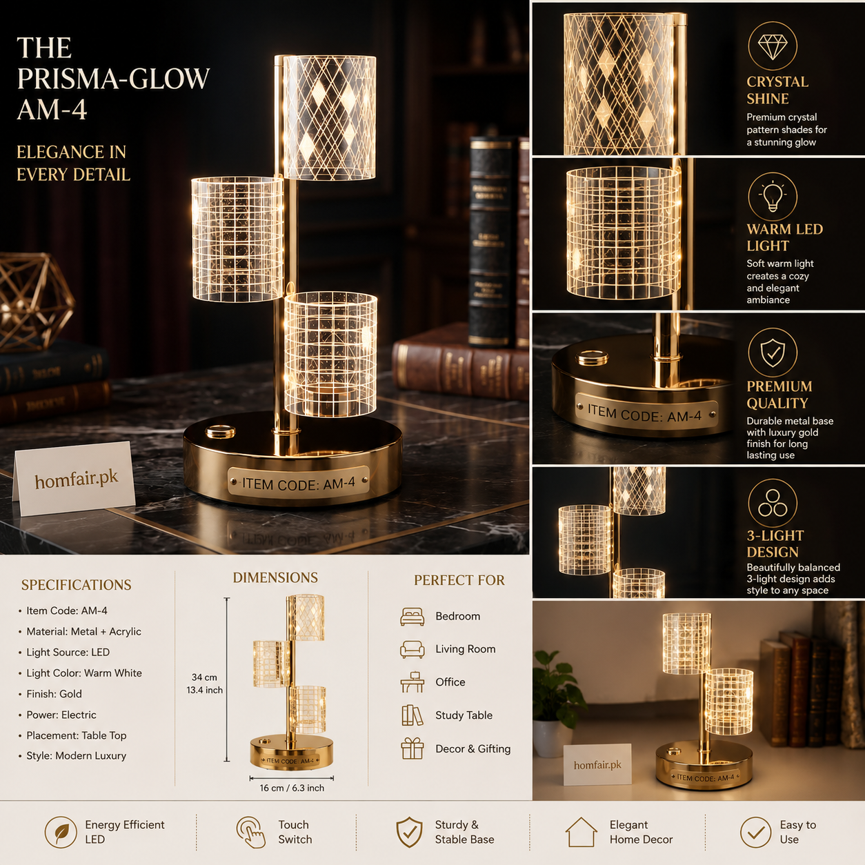 Modern Crystal LED Table Lamp Luxury Gold Bedside Light