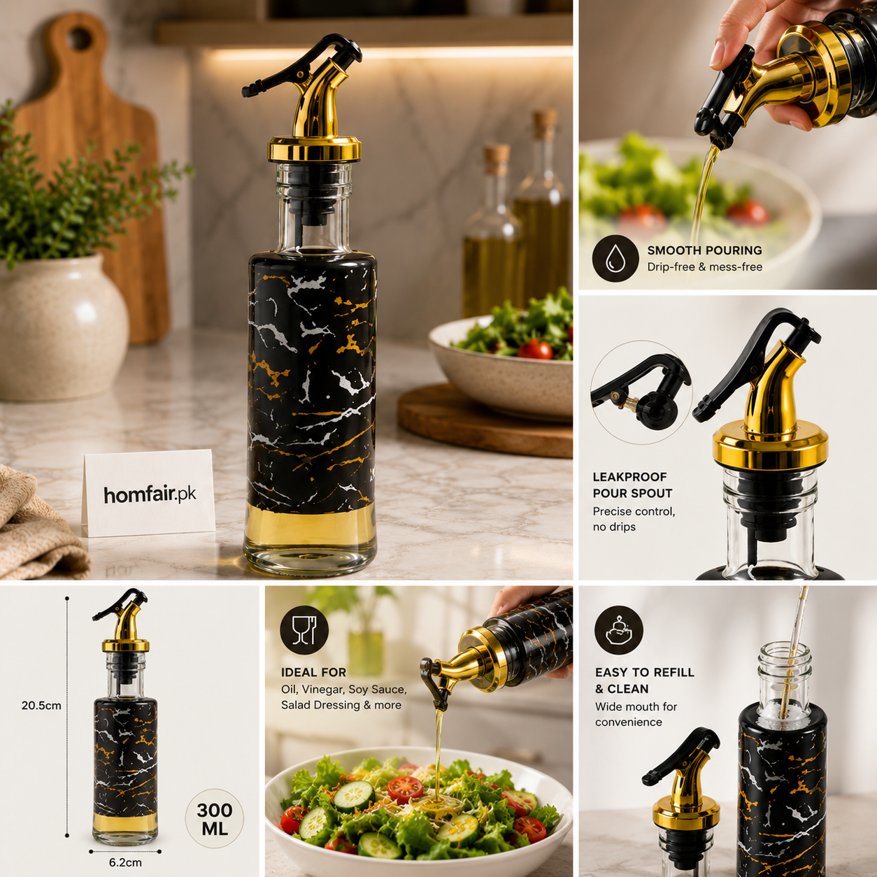 Premium Marble Glass Oil Dispenser Bottle with Gold Pour Spout – 300ml