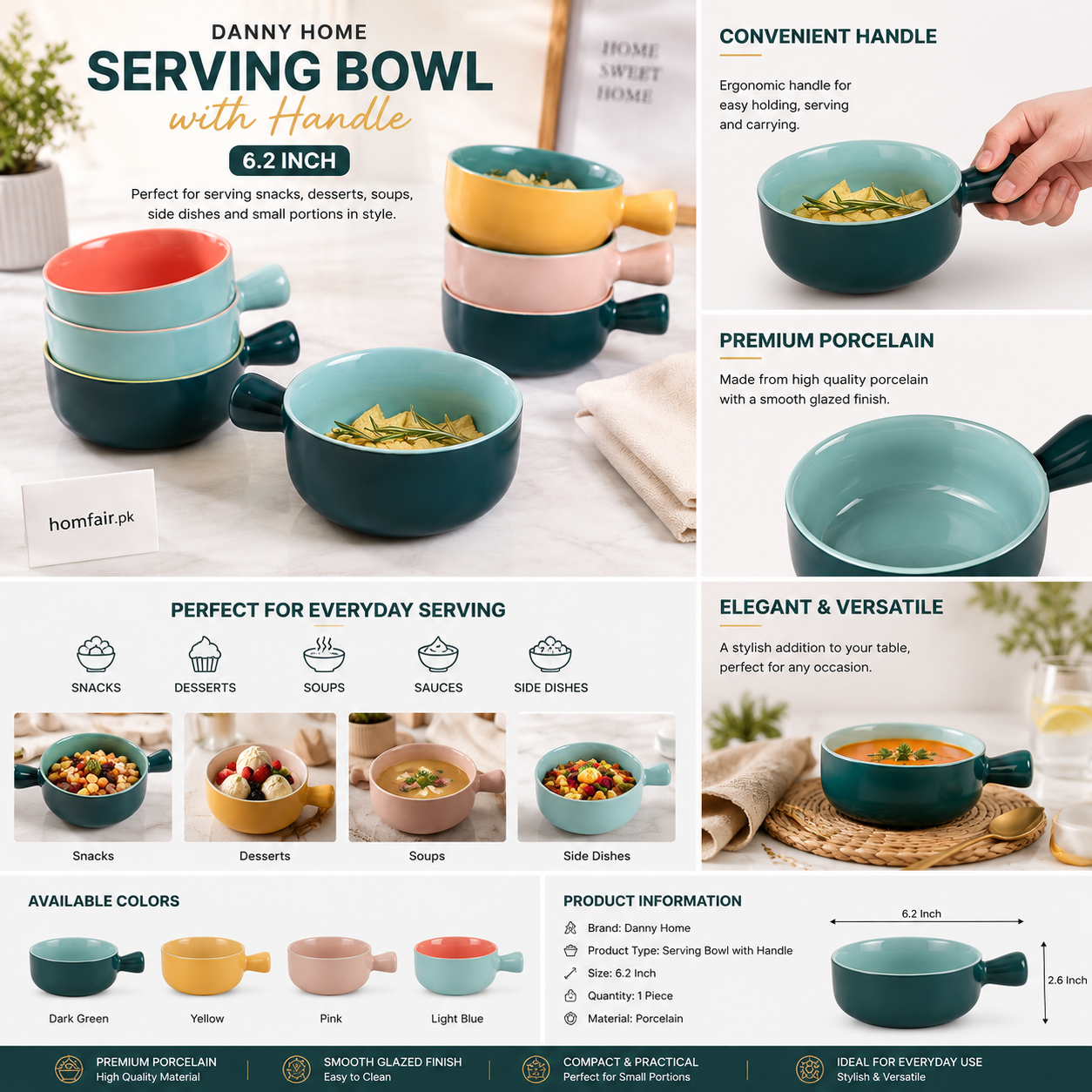 Danny Home Serving Bowl with Handle – 6.2 Inch ( 1 Piece)