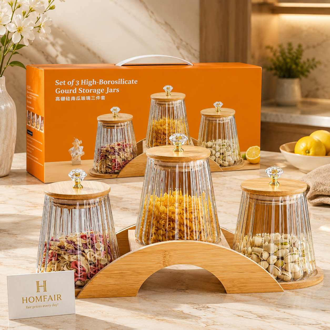 Premium High Borosilicate Glass Storage Jar Set with Bamboo Lids (3 Pcs Jars)