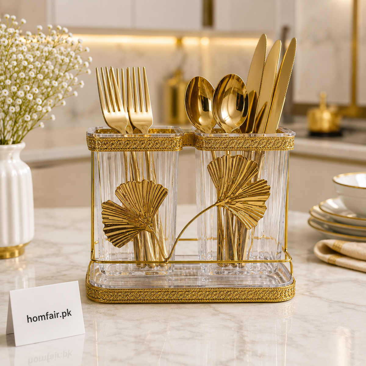 Luxury Golden Acrylic Cutlery Holder with 2 Compartments