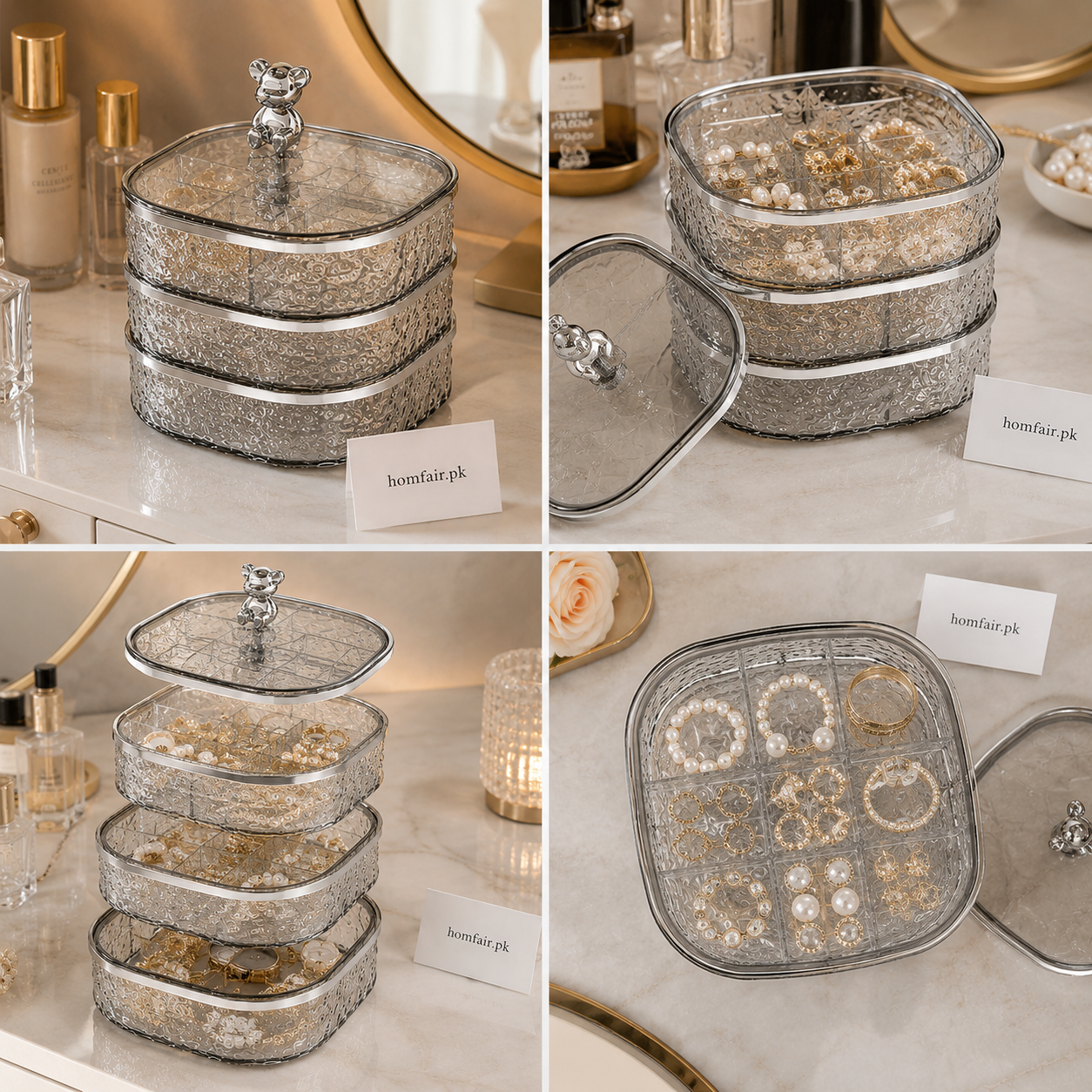 Luxury 3-Tier Glass Jewelry Organizer Box with Bear Handle