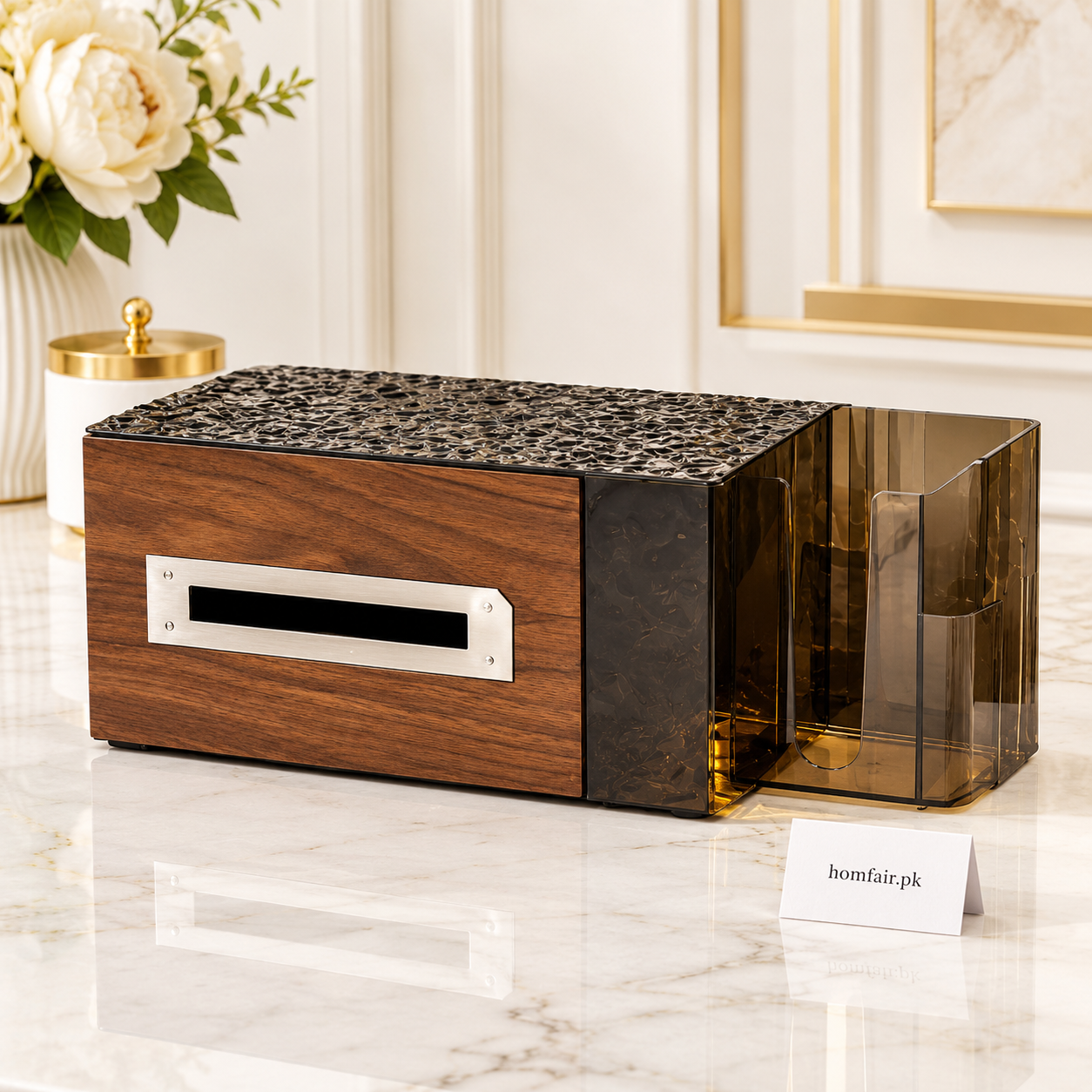 Premium Plastic Square Wood Pen Holder Tissue Box Organizer