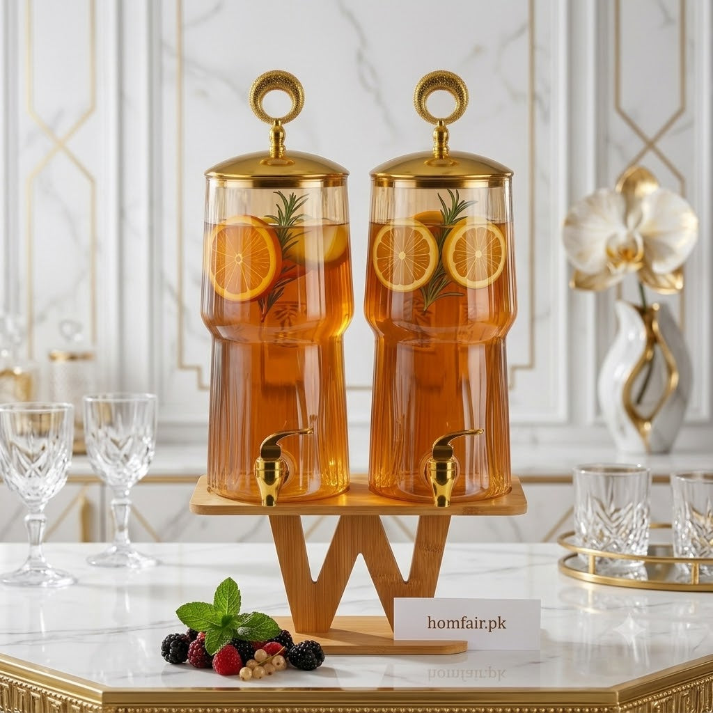 Luxury 2-Piece Ribbed Glass Juice Dispenser Set with Elegant Wooden 'W' Stand