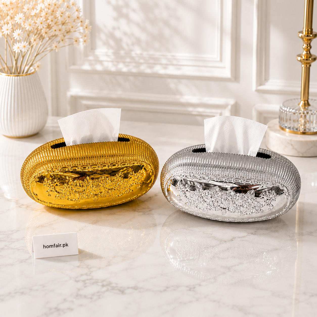 Plastic Egg Tissue Box – Luxury Silver & Golden Decorative Tissue Holder
