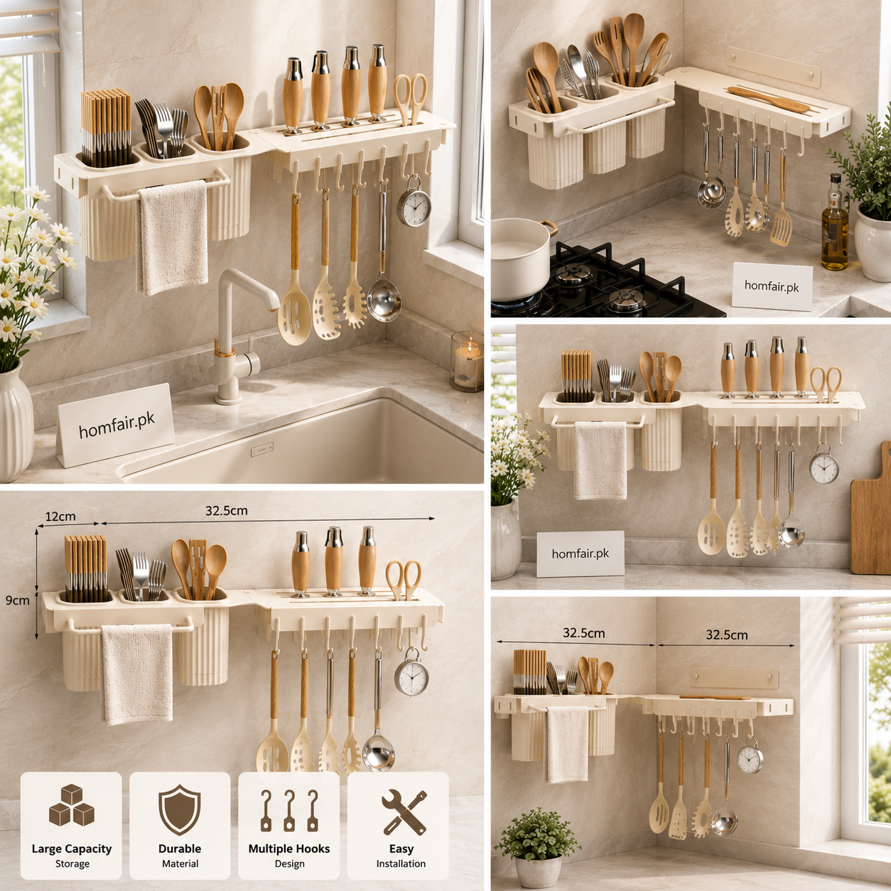 Wall Mounted Kitchen Organizer Rack with Utensil Holder & Multi Hook Storage Shelf