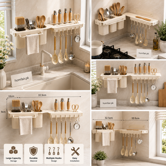 Wall Mounted Kitchen Organizer Rack with Utensil Holder & Multi Hook Storage Shelf