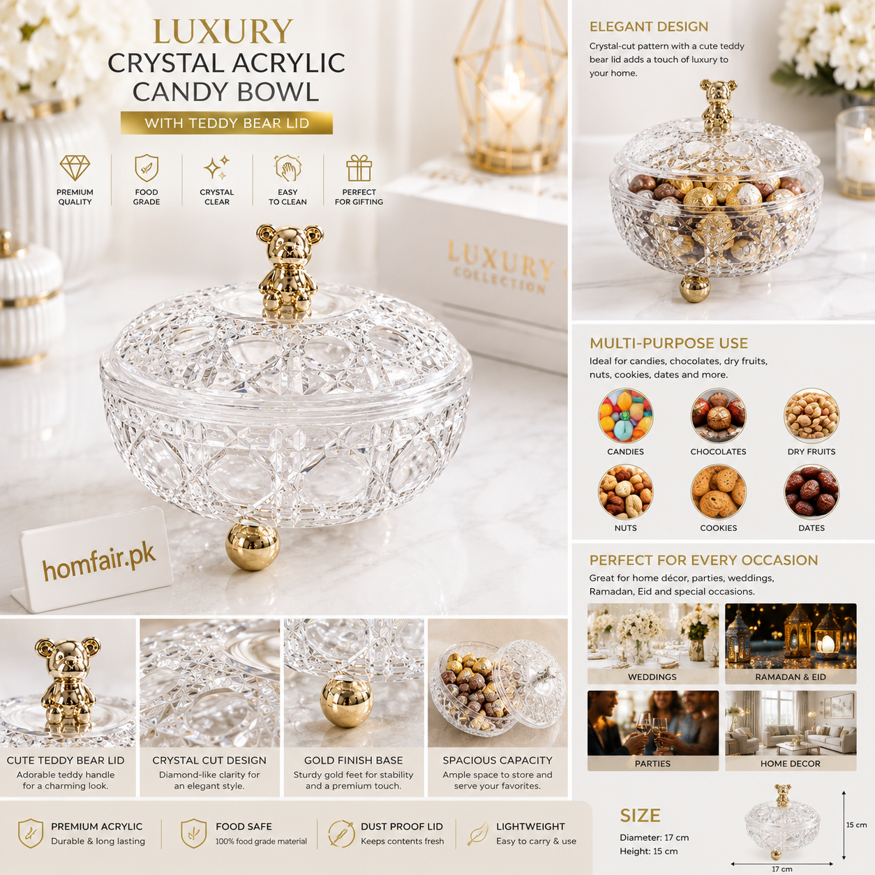 Luxury Crystal Acrylic Candy Bowl with Teddy Bear Lid (Small)