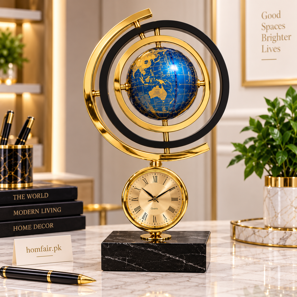 Luxury Blue & Gold Globe Table Clock – Elegant World Map Desk & Home Décor Showpiece