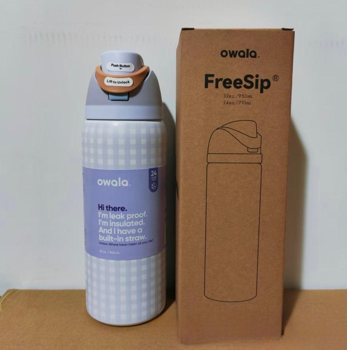 Owala 32oz lavender and white gingham insulated water bottle with built-in straw and cream locking lid