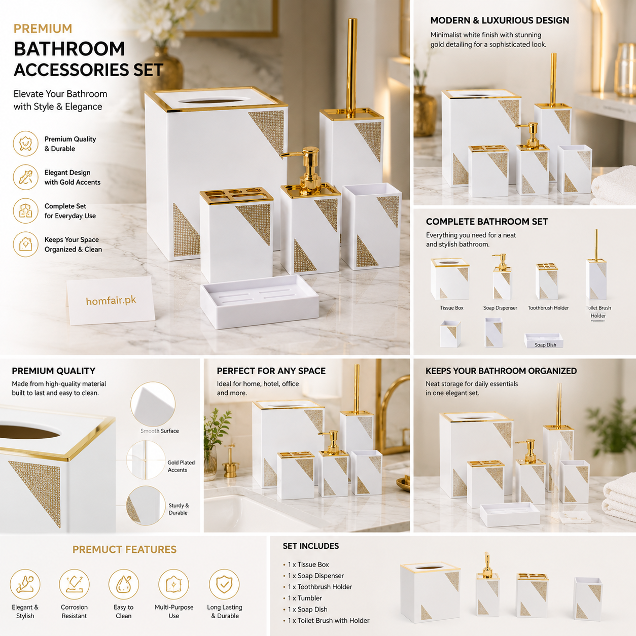 6-Piece Luxury Bathroom Accessories Set | Soap Dispenser, Tissue Box & Toilet Brush Holder