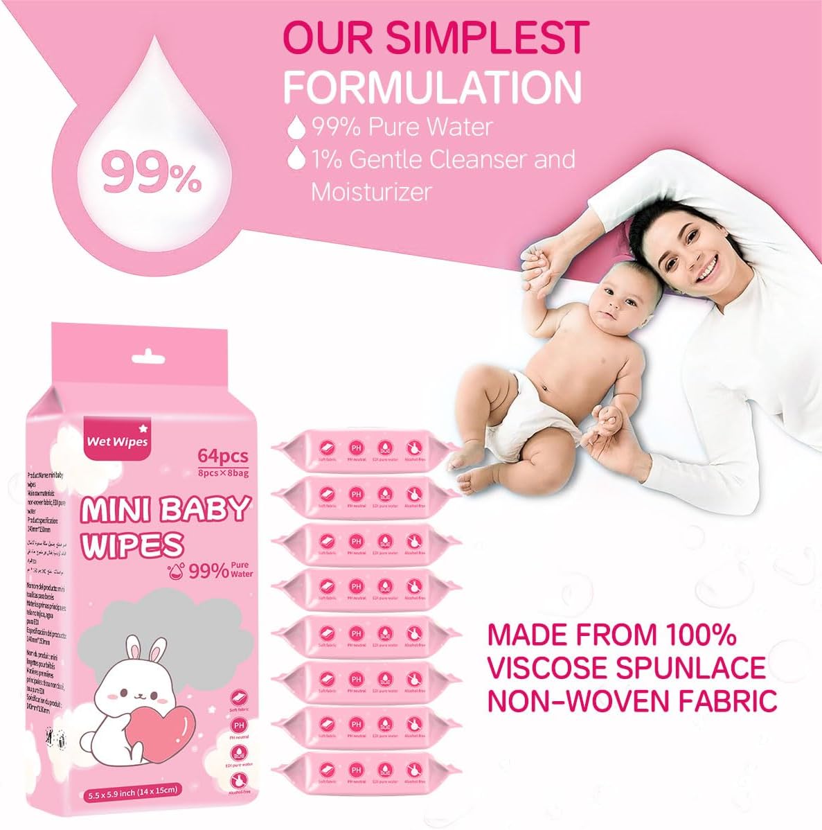 64 pcs Soft Baby Wet Wipes Gentle, Refreshing & Safe for Delicate Ski