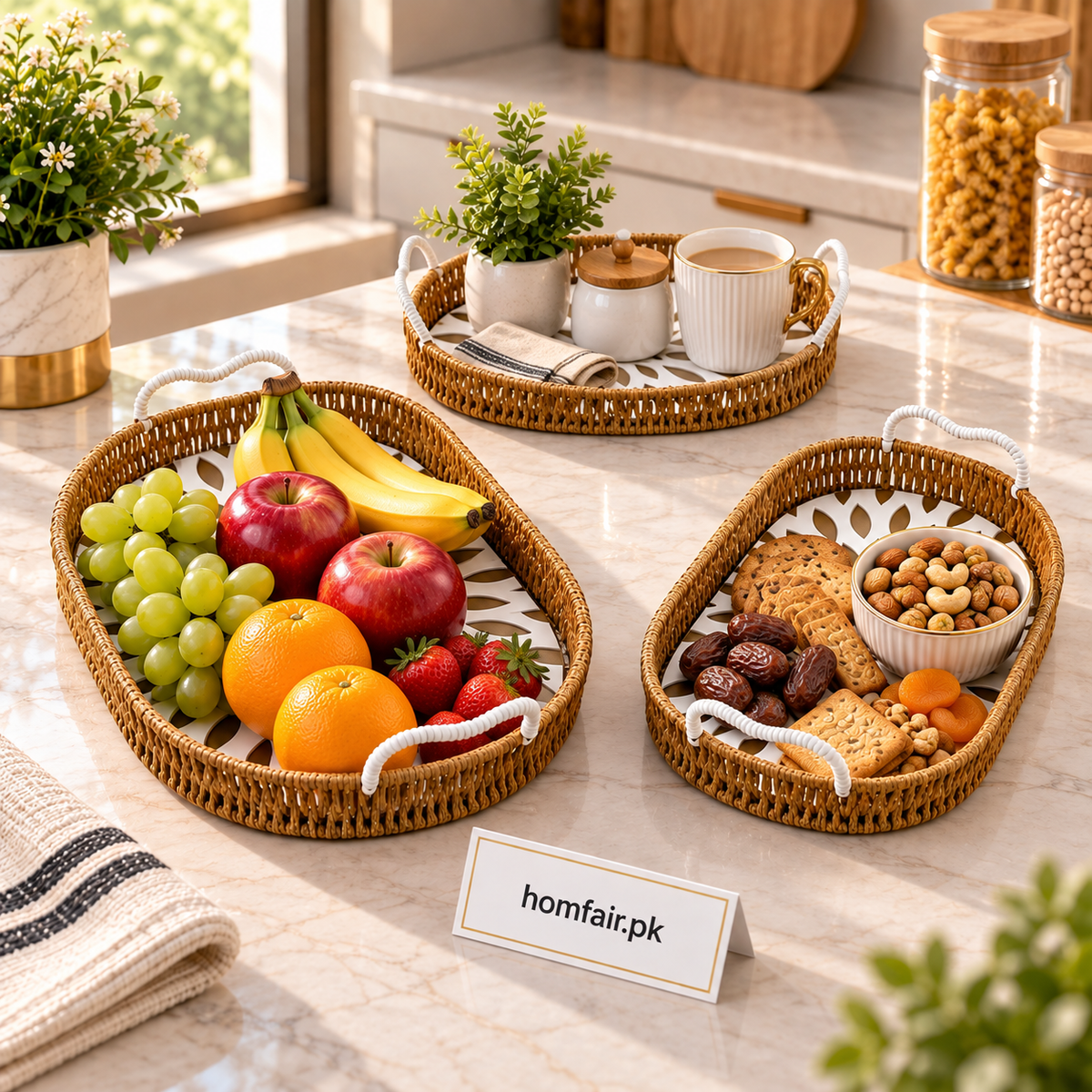 3-Piece Decorative Rattan Tray Set – Floral Base