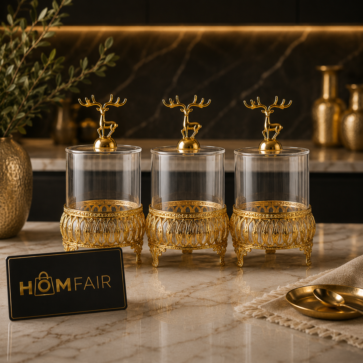 Luxury Deer Glass Storage Jar Set (3 Pcs) – Gold Decorative Candy & Dry Fruit Containers