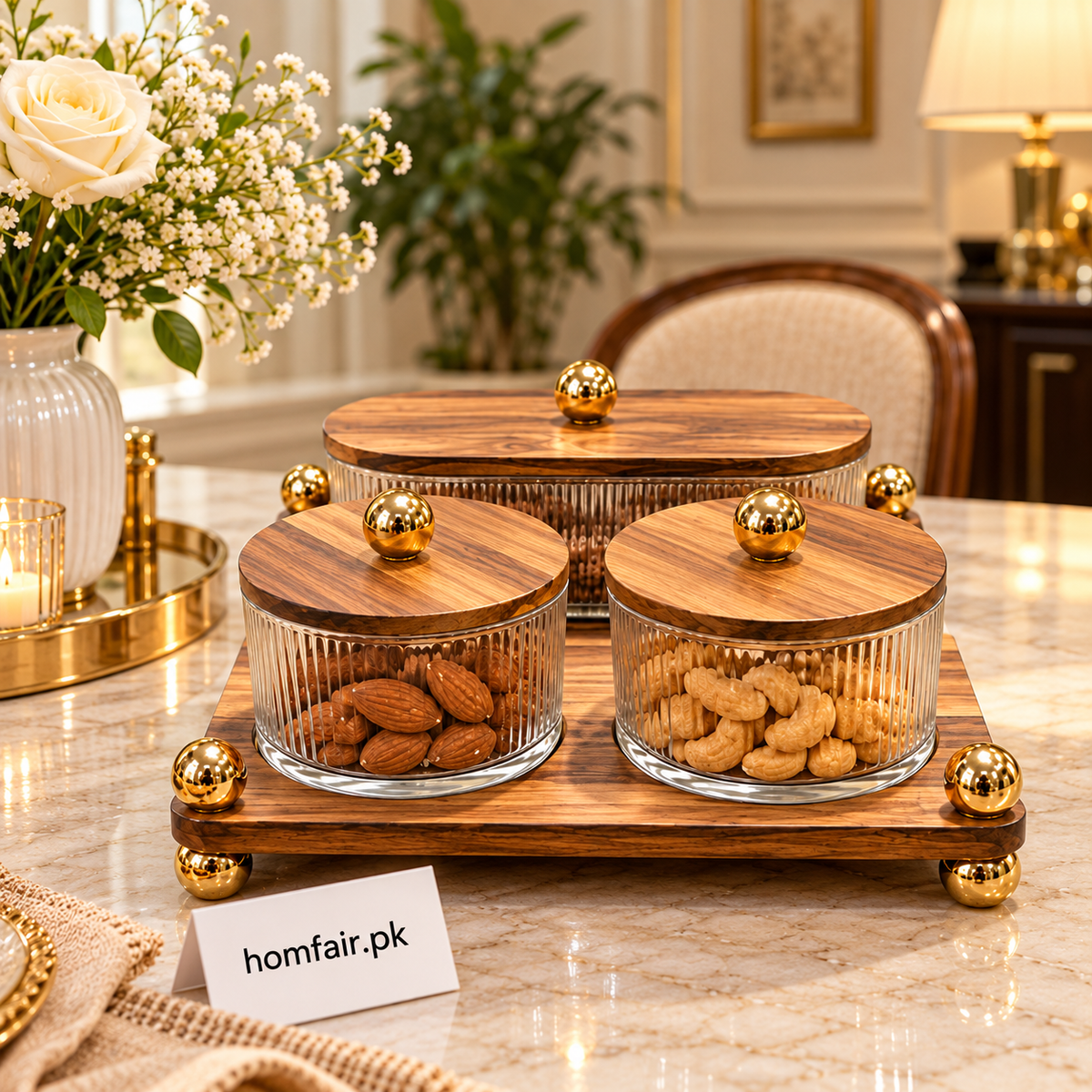 Premium Walnut-Finish 3-Container Dry Fruit Serving Stand