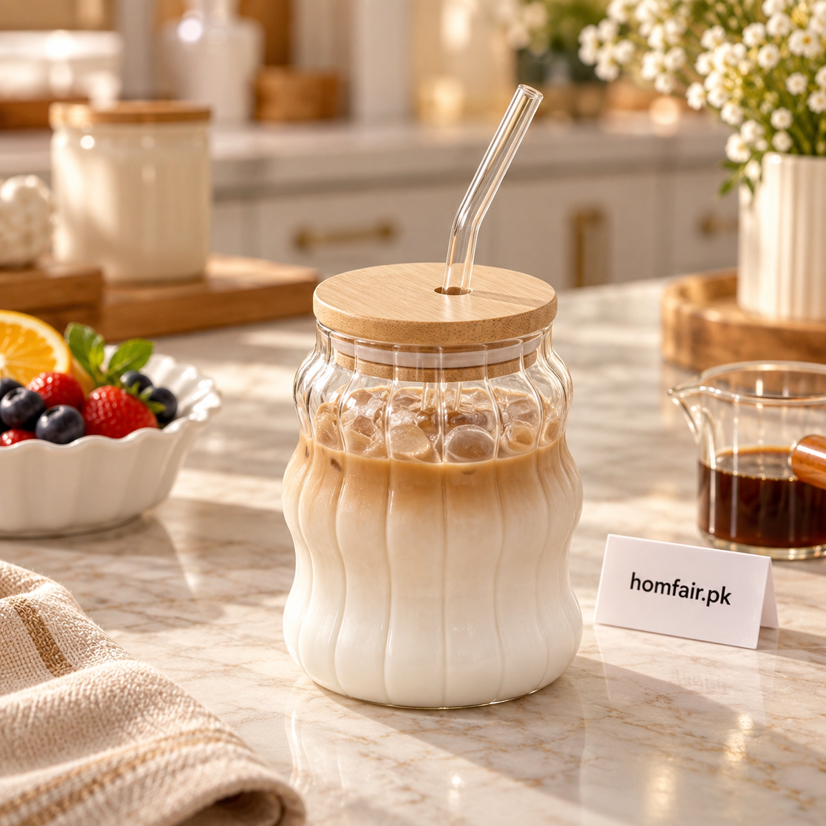 Premium Bamboo Lid Glass Mug with Straw for Iced Beverages