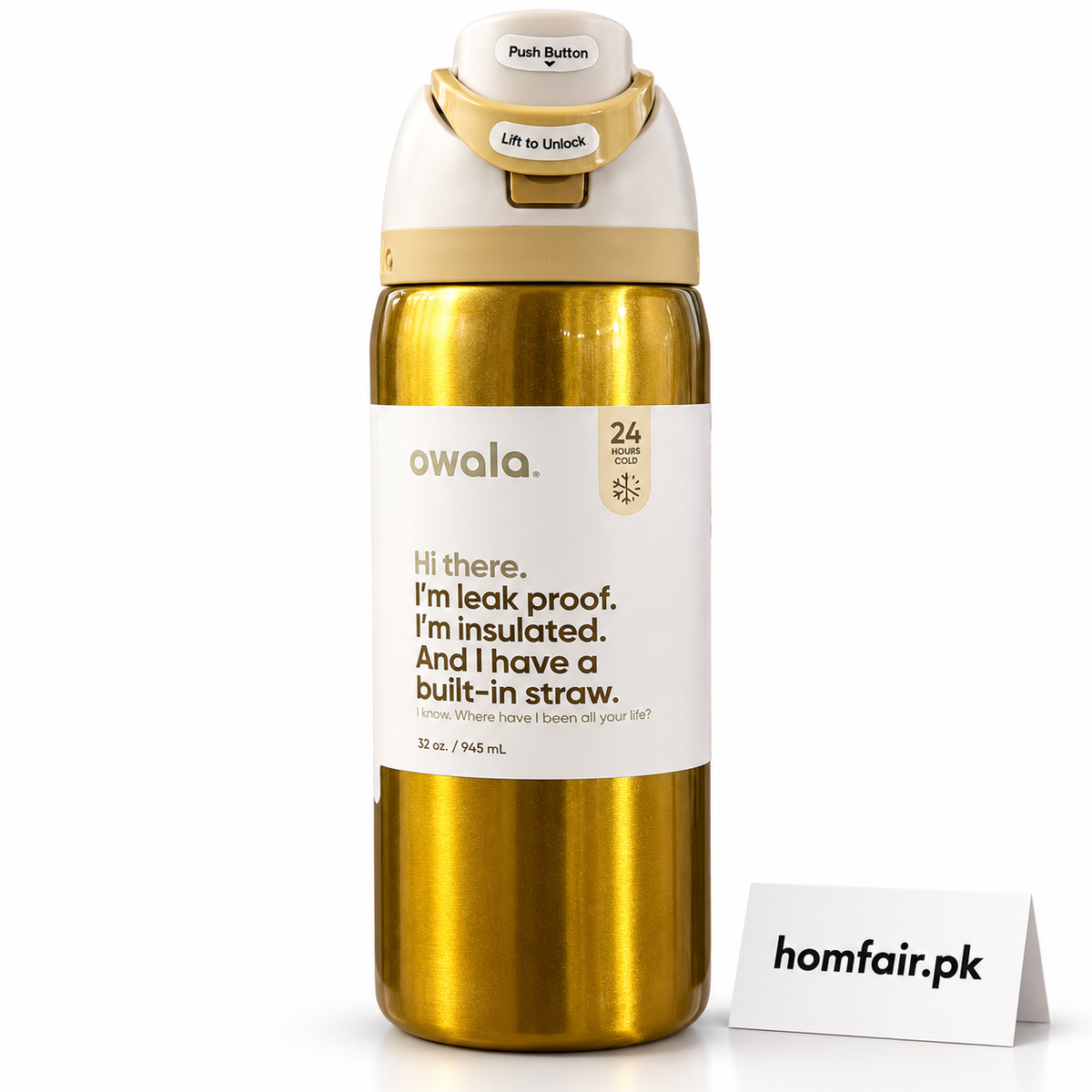 Owala FreeSip 32oz Metallic Gold Insulated Water Bottle with Built-In Straw & Locking Lid