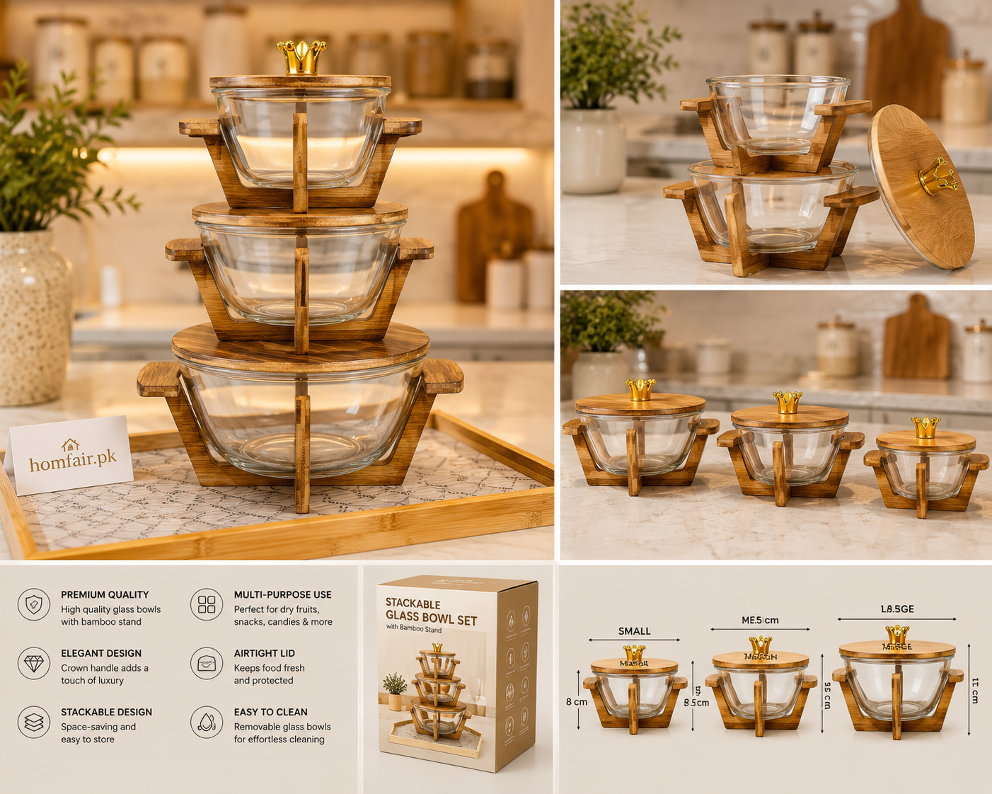 Premium Stackable Glass Bowl with Bamboo Stand & Wooden Lids