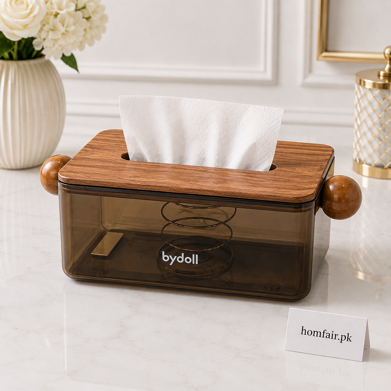 Premium Plastic Wooden Tissue Box with Side Knobs