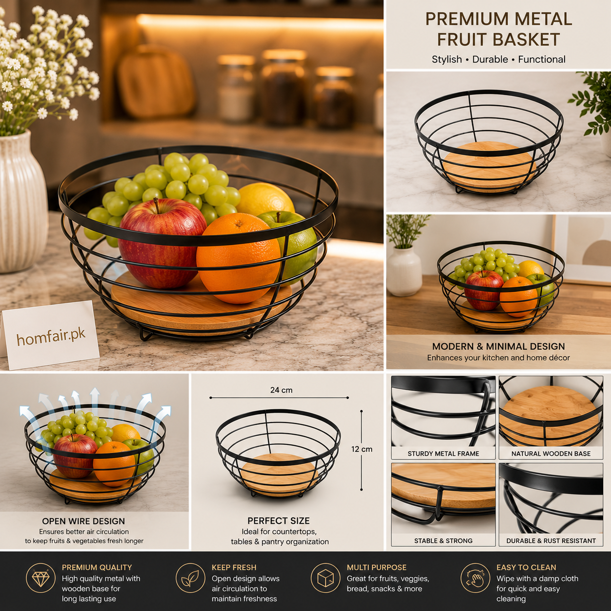 Premium Metal Fruit Basket with Wooden Base – Modern Countertop Fruit Bowl