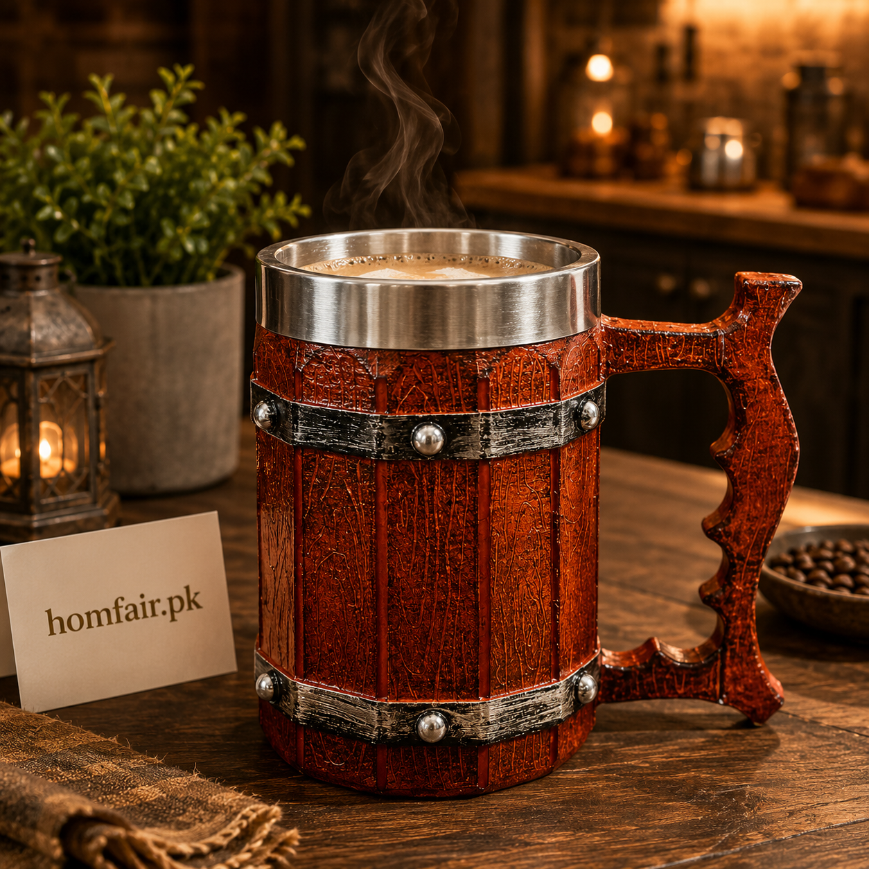 Wooden Barrel Coffee Mug with Stainless Steel Rim